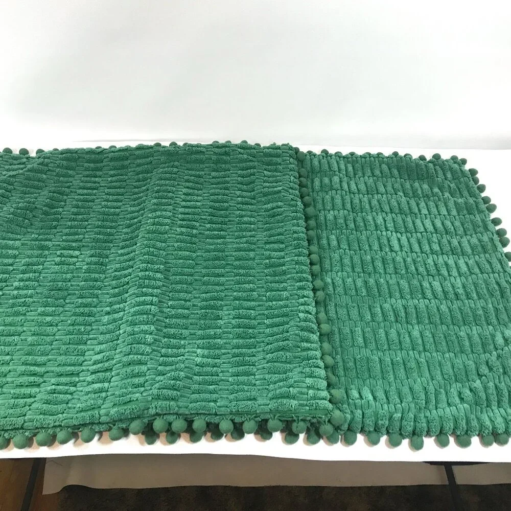 Square Chenille Pillow Cover with Pom Pom Detail Throw Pillow Slipcover Green
